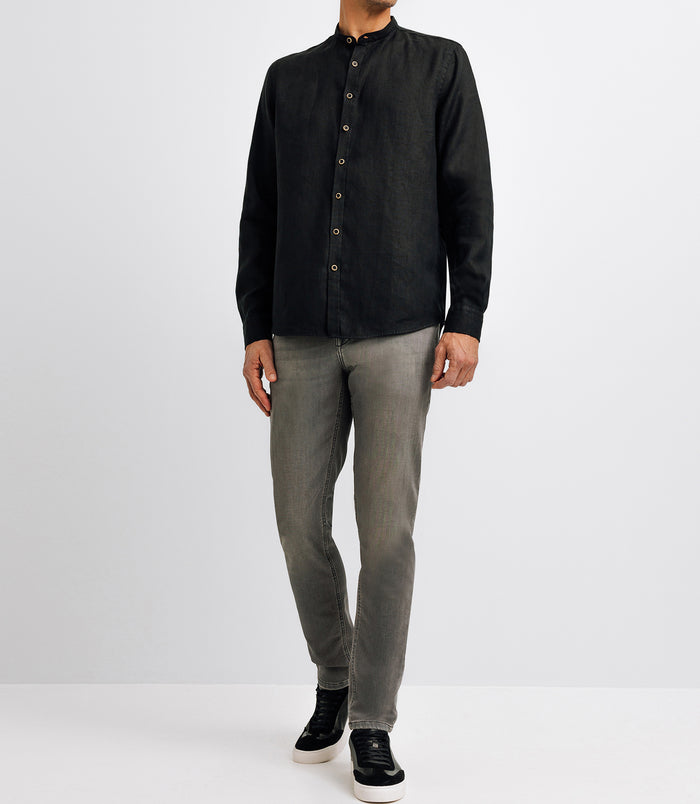 izac Chemise en lin col mao noir