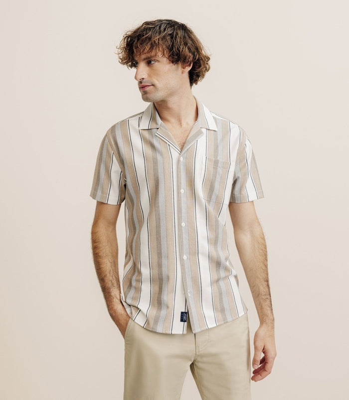 izac Chemise manches courtes rayée beige