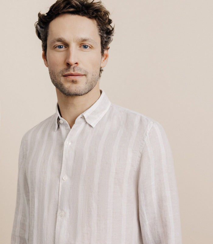 Izac Chemise Rayée 100% Lin Beige