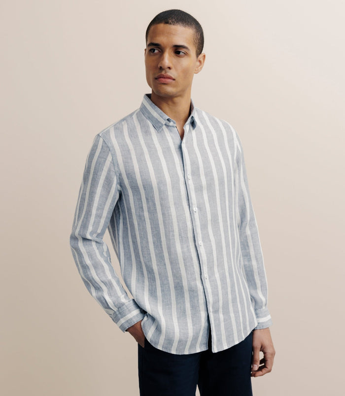 Izac Chemise Rayée 100% Lin Bleue
