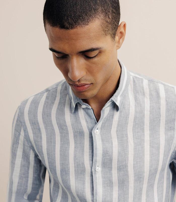 Izac Chemise Rayée 100% Lin Bleue