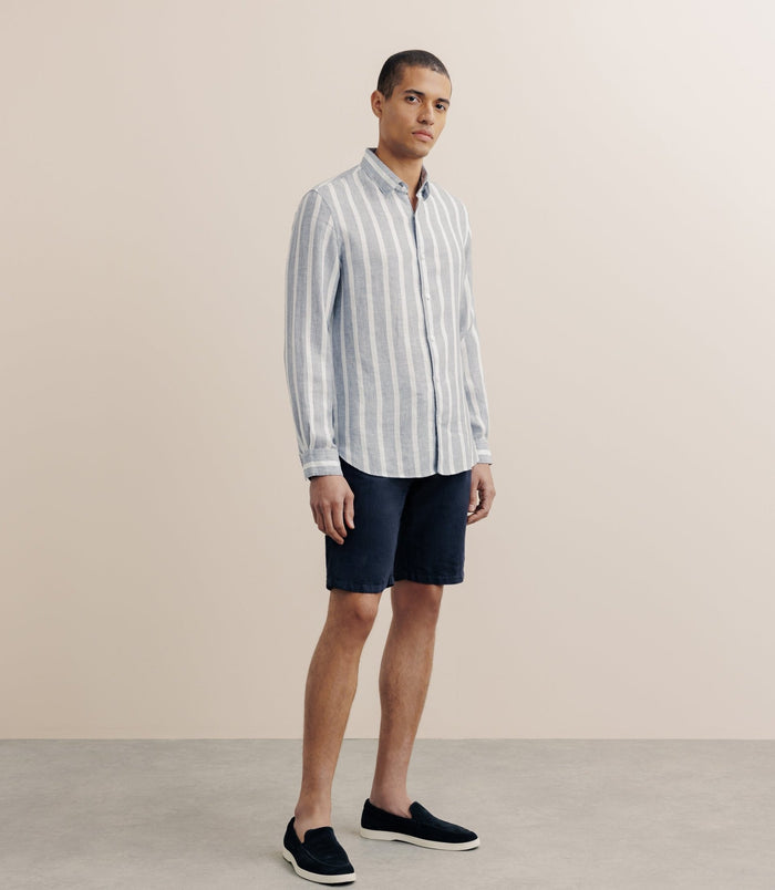 Izac Chemise Rayée 100% Lin Bleue