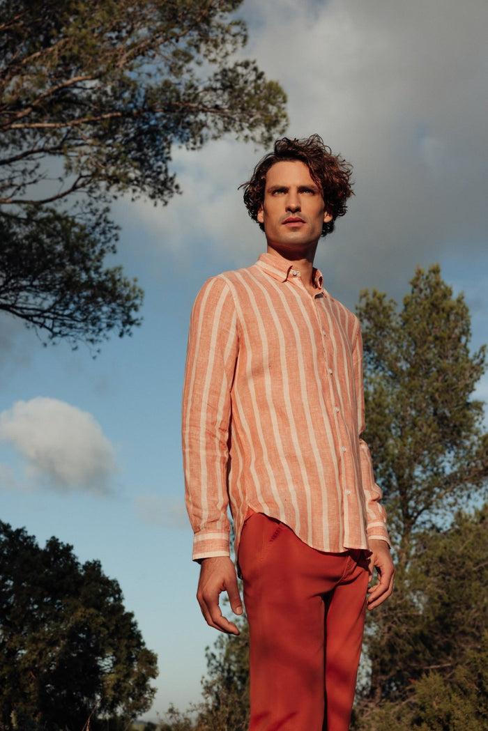 izac Chemise rayée 100% lin orange