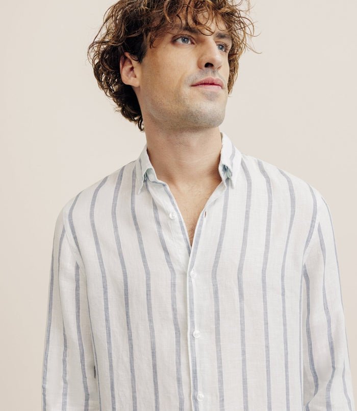 Izac Chemise Rayée 100% Lin Verte