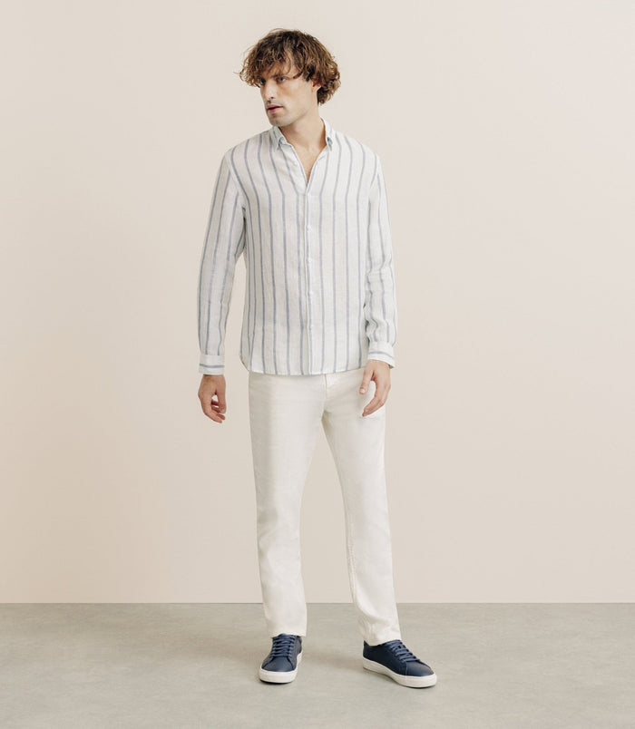 Izac Chemise Rayée 100% Lin Verte