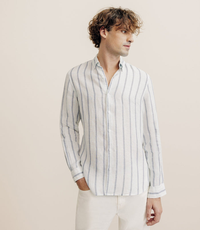 izac Chemise rayée 100% lin verte