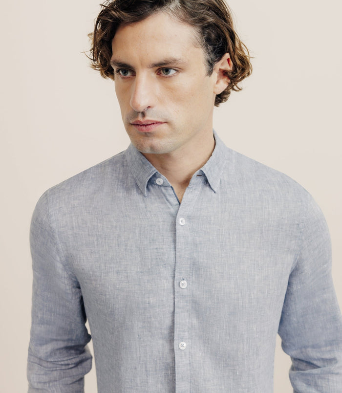 Izac Chemise Unie 100% Lin Bleu Denim