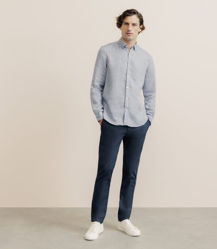 Izac Chemise Unie 100% Lin Bleu Denim