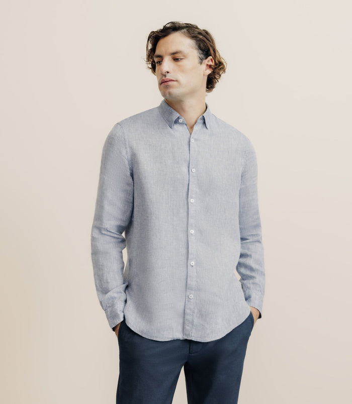 izac Chemise unie 100% lin bleu denim