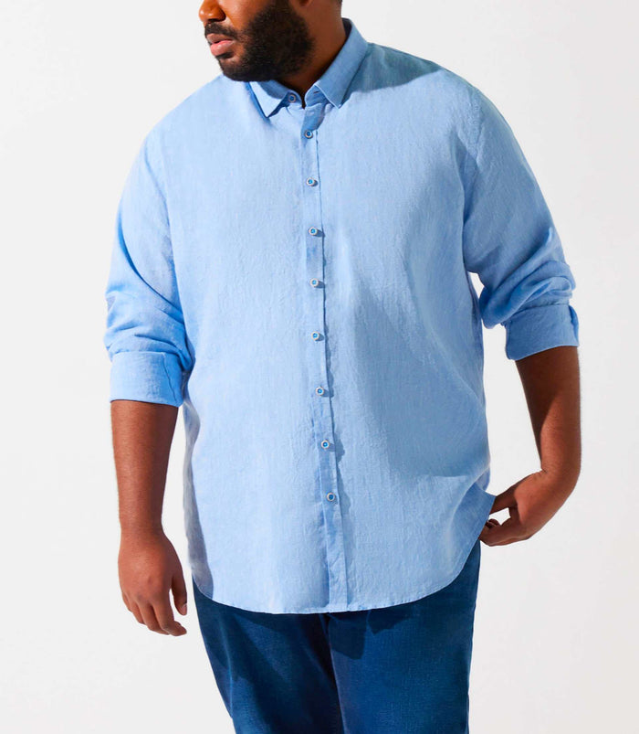 Izac Chemise Unie Bleue Indigo En Lin KISSBT