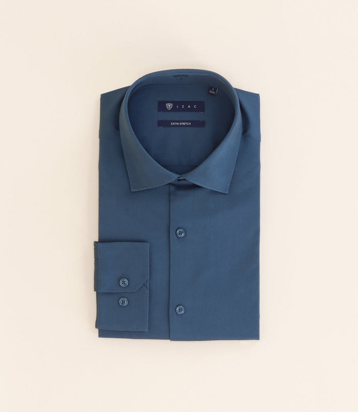 izac Chemise ville en satin de coton bleu vert