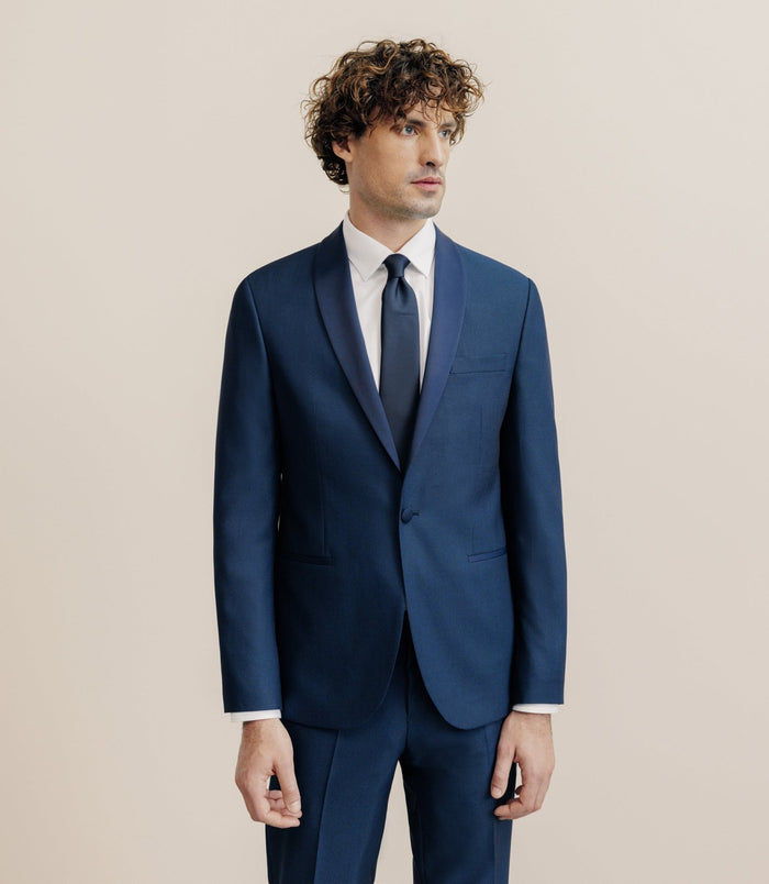 izac Costume cérémonie avec un col châle bleu