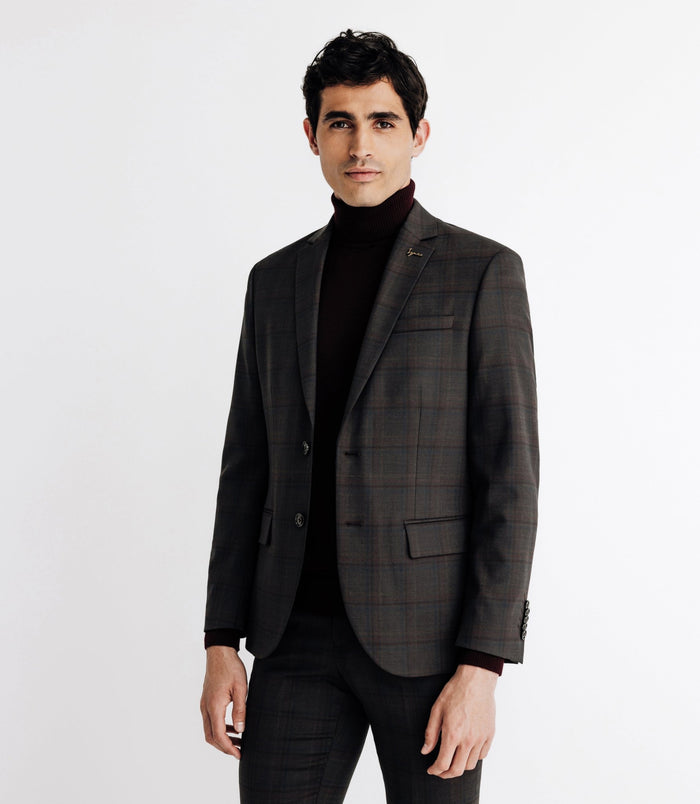 Izac Costume Col Châle à Carreaux Marron
