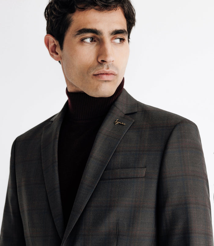 Izac Costume Col Châle à Carreaux Marron