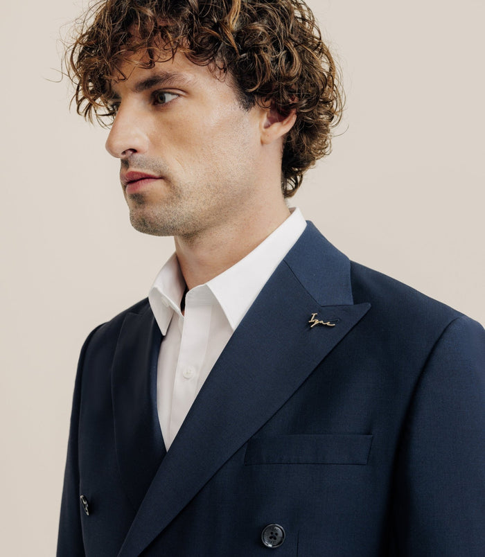 Izac Costume Croisé 100% Laine Bleu Marine