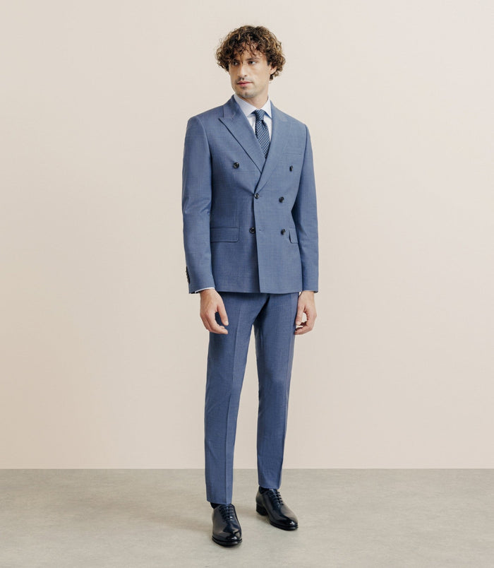 Izac Costume Croisé Tissu Laine Mélangée Bleu