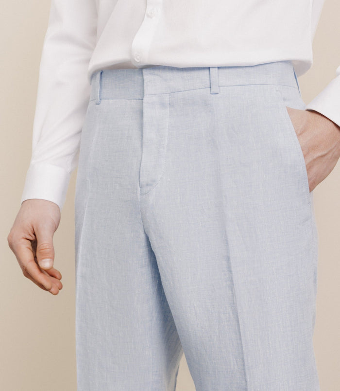 Izac Pantalon 100% Lin Bleu Ciel