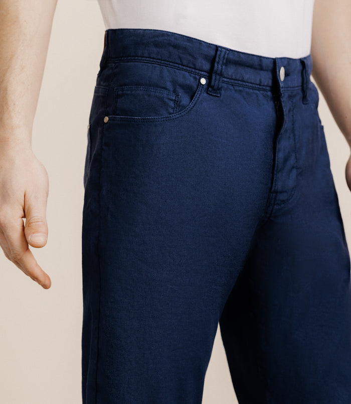 Izac Pantalon Droit En Lin Et Coton Marine