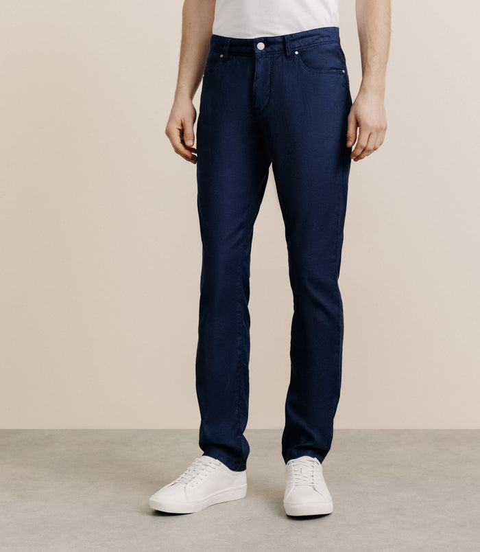 izac Pantalon droit en lin et coton marine