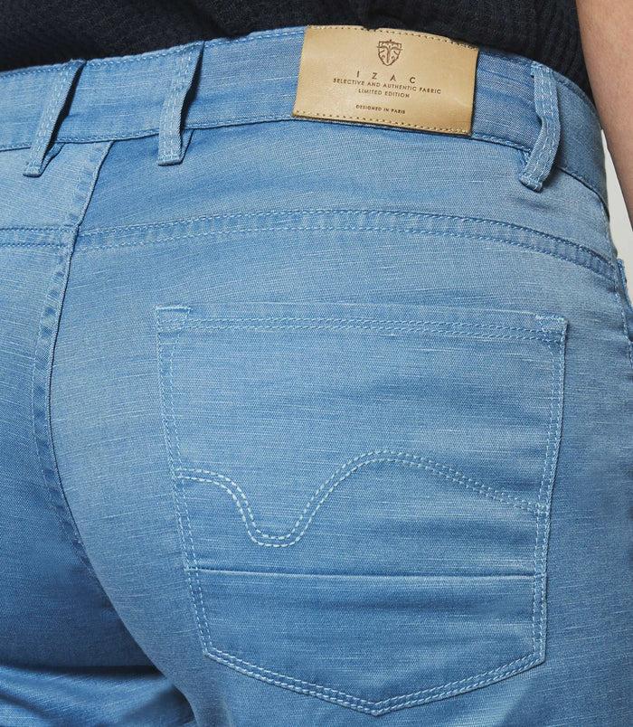 Izac Pantalon Slim Bleu 5 Poches Coton Lin PASTEL
