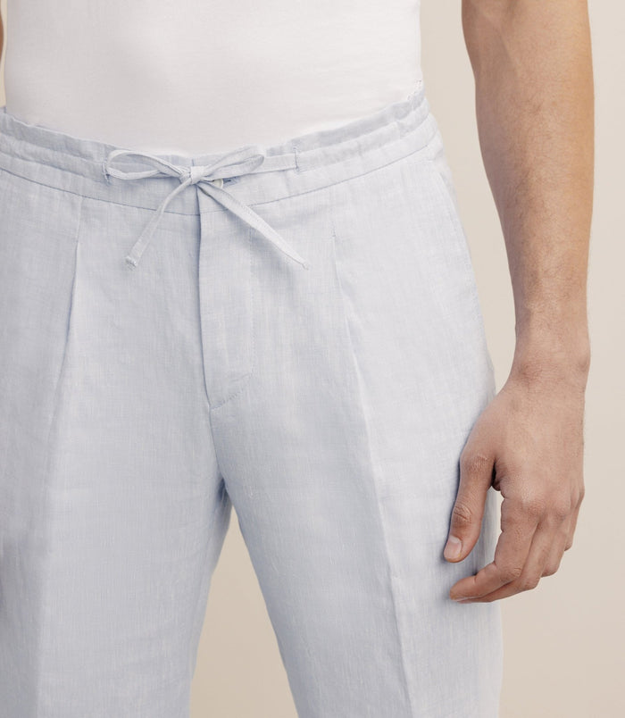 Izac Pantalon Ville 100% Lin Bleu Ciel