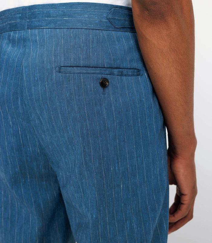Izac Pantalon Ville Rayée En Lin Bleu Indigo