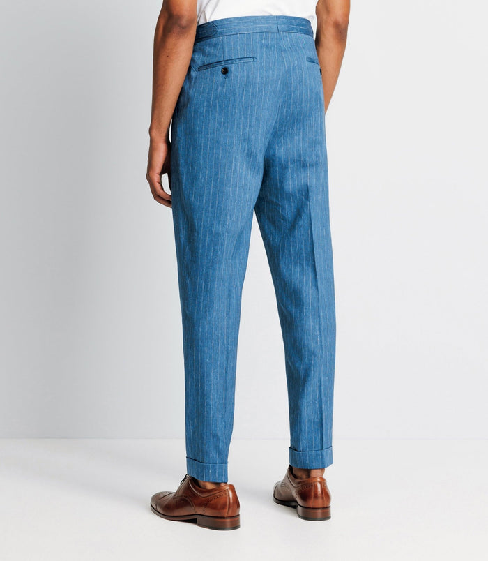 Izac Pantalon Ville Rayée En Lin Bleu Indigo