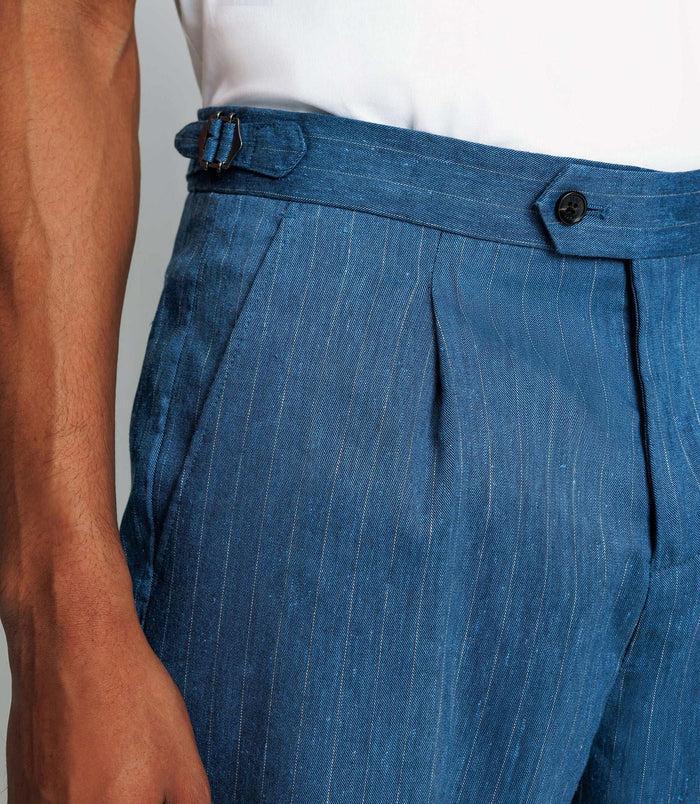 izac Pantalon ville rayée en lin bleu indigo
