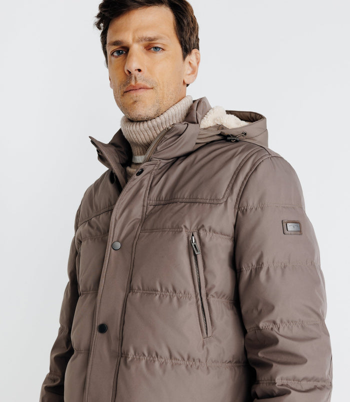 Izac Parka Longue à Capuche Matelassée Taupe