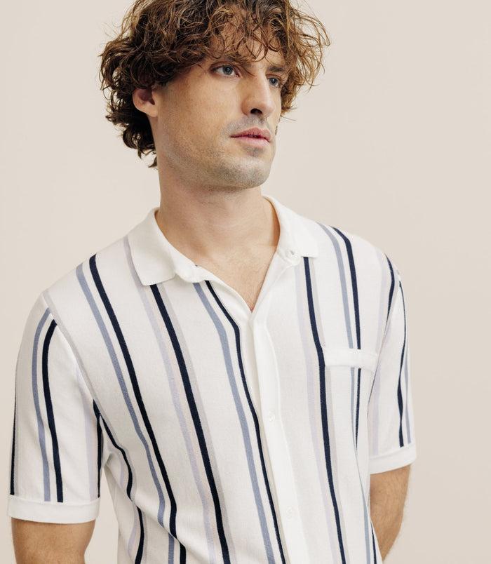 Izac Polo Boutonné En Maille Rayé écru