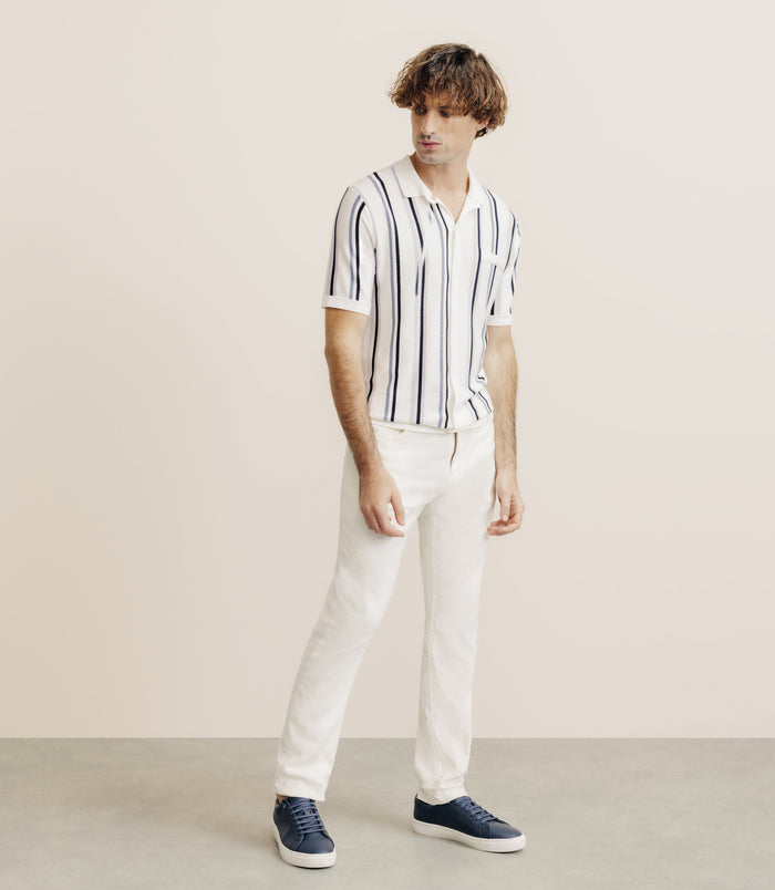 Izac Polo Boutonné En Maille Rayé écru