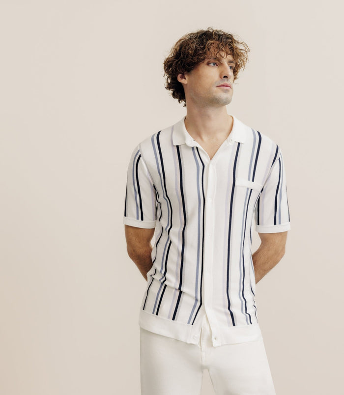 izac Polo boutonné en maille rayé écru