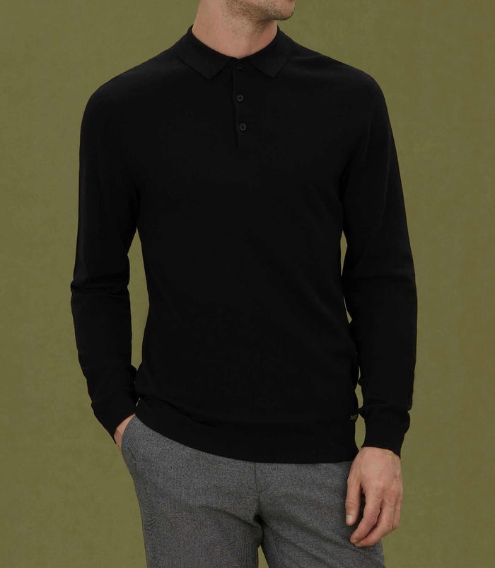 izac Polo en maille à manches longues noir "Celal"