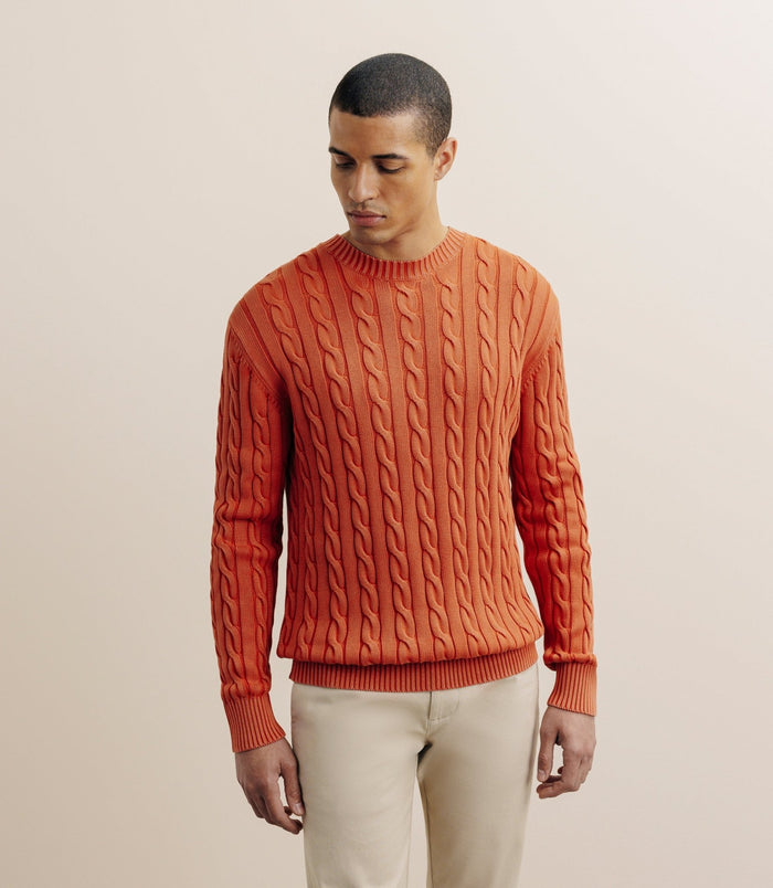 izac Pull col rond à torsade orange foncé