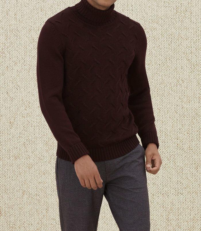 Izac Pull Col Roulé à Torsades Bordeaux "Logann"