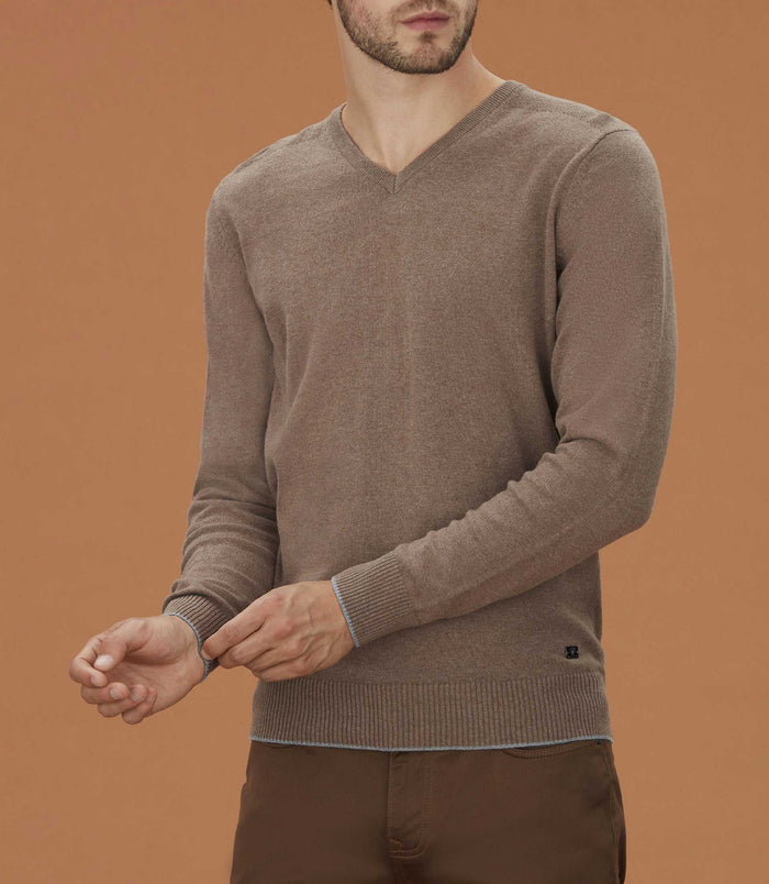 izac Pull col V taupe chiné "Lambert"