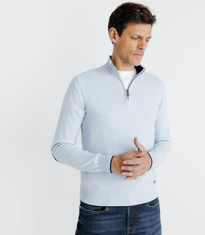 Izac Pull Coton/cachemire Col Zippé Bleu Ciel