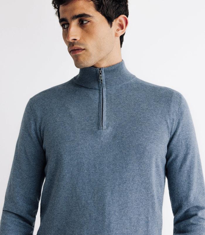 Izac Pull Coton/cachemire Col Zippé Bleu Indigo