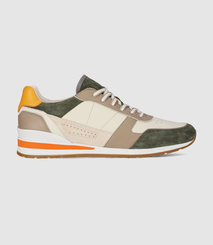 Izac Sneakers En Cuir Kaki Beige Et Orange ERWAN