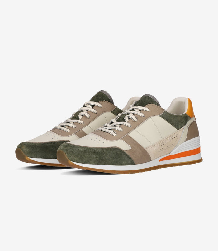 Izac Sneakers En Cuir Kaki Beige Et Orange ERWAN