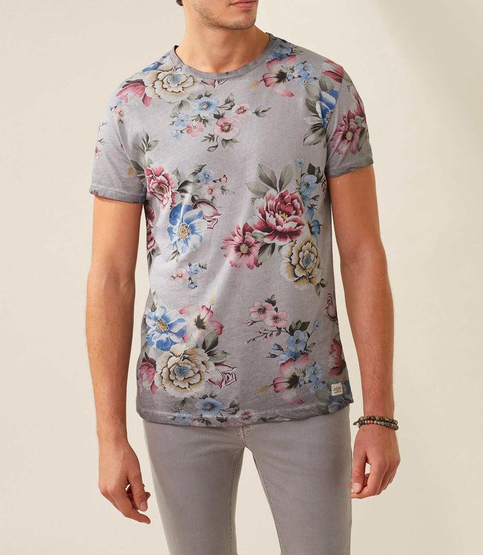 izac T shirt col rond imprime gris-clair "Xuta"