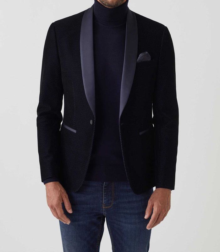 Izac Veste Velours Col Châle Satin Marine "Voltige"