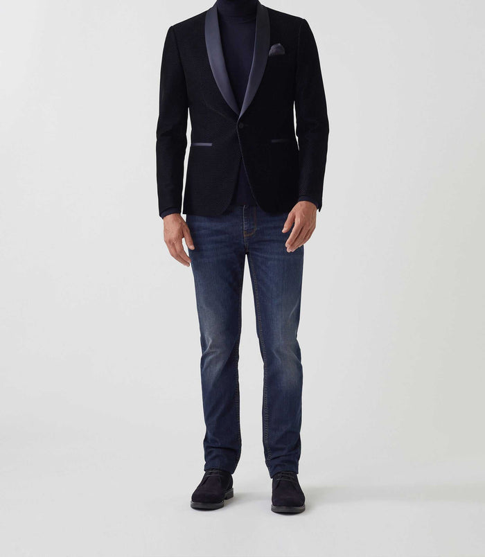 izac Veste velours col châle satin marine "Voltige"