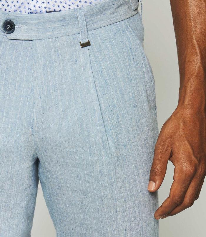Izac Pantalon Chino à Rayures En Lin Bleu Ciel PLAISANCE