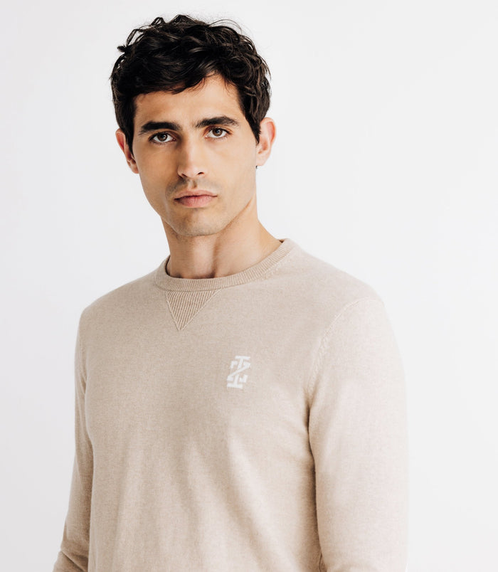 Izac Pull Col Rond Coton/cachemire à Coudières Beige