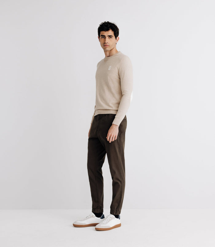 izac Pull col rond coton/cachemire à coudières beige