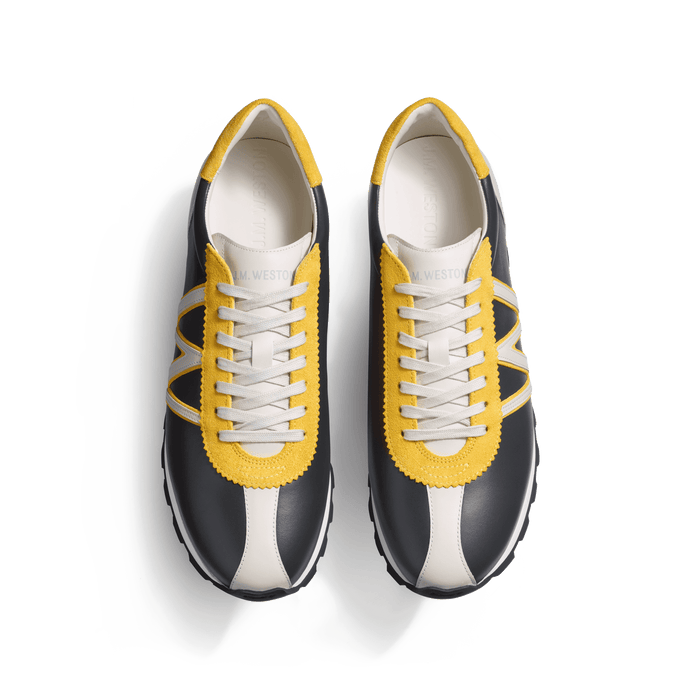 J.m. Weston Basket On My Way En Cuir Veau Sport Gris Anthracite Détails Cuir Veau Sport Mastic Et Velours Jaune