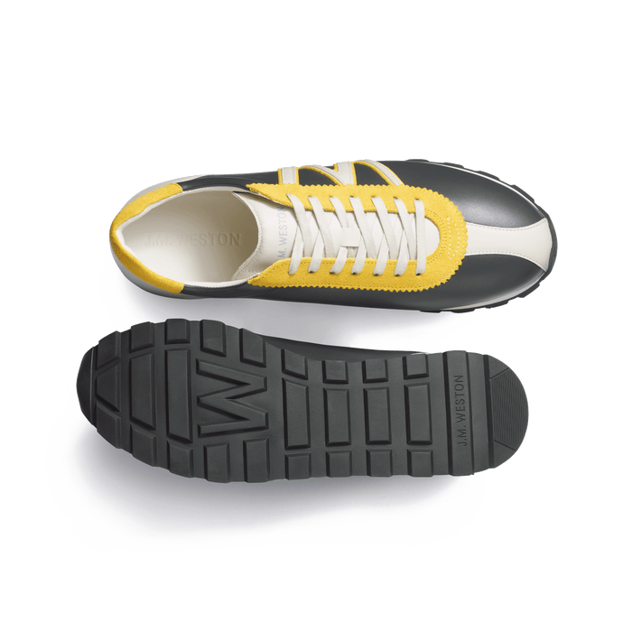 J.m. Weston Basket On My Way En Cuir Veau Sport Gris Anthracite Détails Cuir Veau Sport Mastic Et Velours Jaune