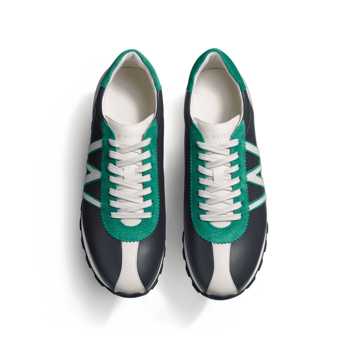 J.m. Weston Basket On My Way En Cuir Veau Sport Gris Anthracite Détails Cuir Veau Sport Mastic Et Velours Vert