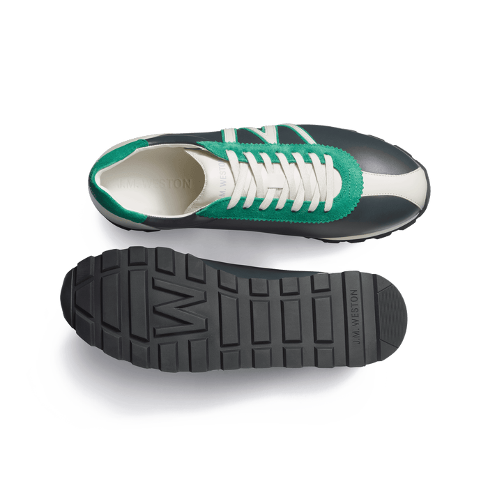 J.m. Weston Basket On My Way En Cuir Veau Sport Gris Anthracite Détails Cuir Veau Sport Mastic Et Velours Vert